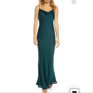 Shona Joy - Cowl Neck Emerald Satin Slip Dress/ Gown